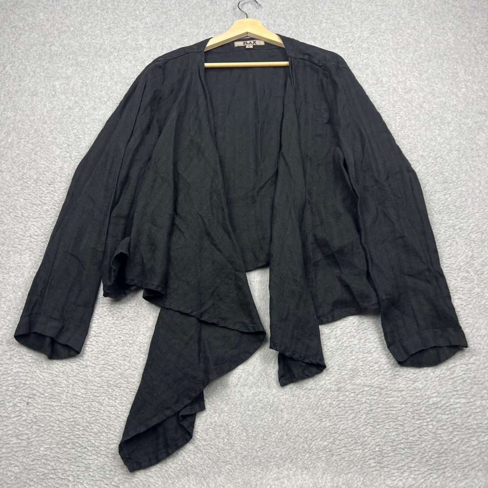 FLAX Cardigan Jacket Womens Large Black 100% Linen Draped Waterfall Open Front